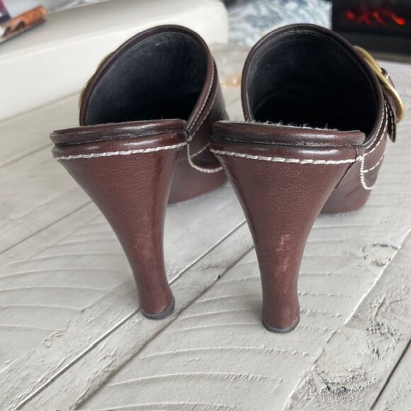 COACH PRE-OWNED CLAUDE #A0400 CHESTNUT BROWN LEATHER MULE SLIDE BOOT HIGH HEEL 7 - Picture 5 of 9